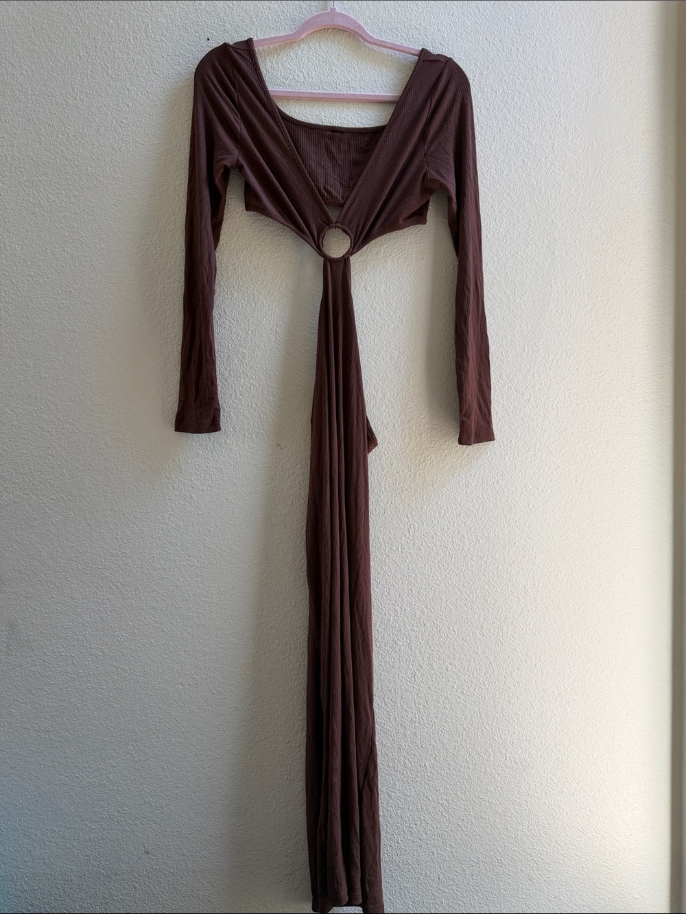 Long Sleeve Brown Tie-Front Maxi Dress